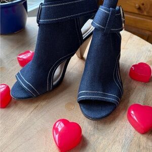 Flirty 11W Chambray Stylish Dark Blue Denim Open Peep-Toe Heels